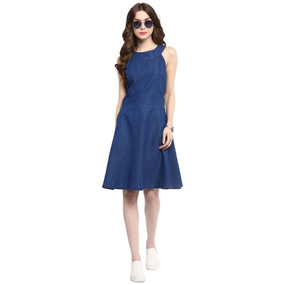 Vaystra Denim Solid Sleeveless Dress – Blue
