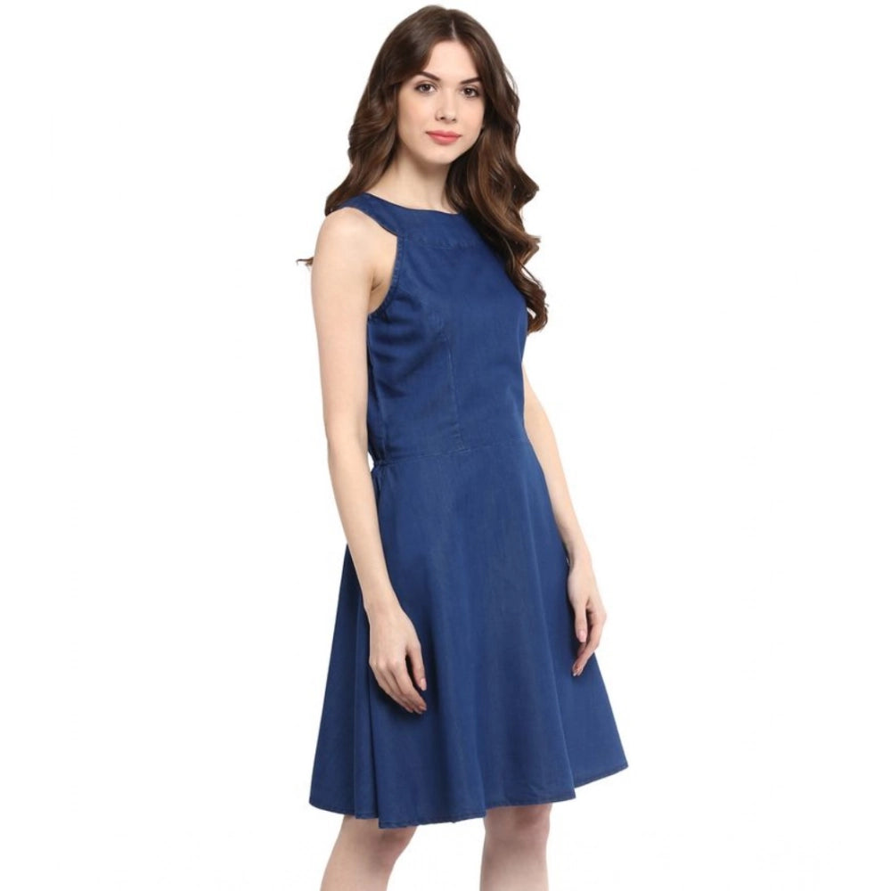 Vaystra Denim Solid Sleeveless Dress – Blue