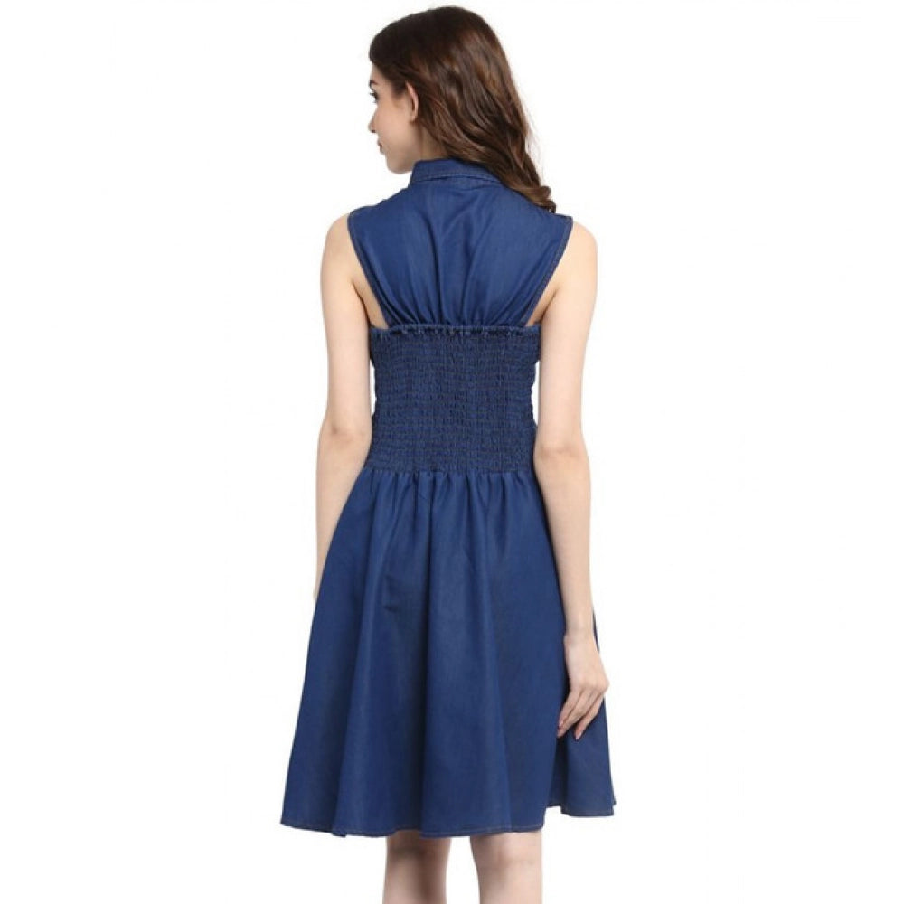 Vaystra Denim Solid Sleeveless Dress – Navy Blue