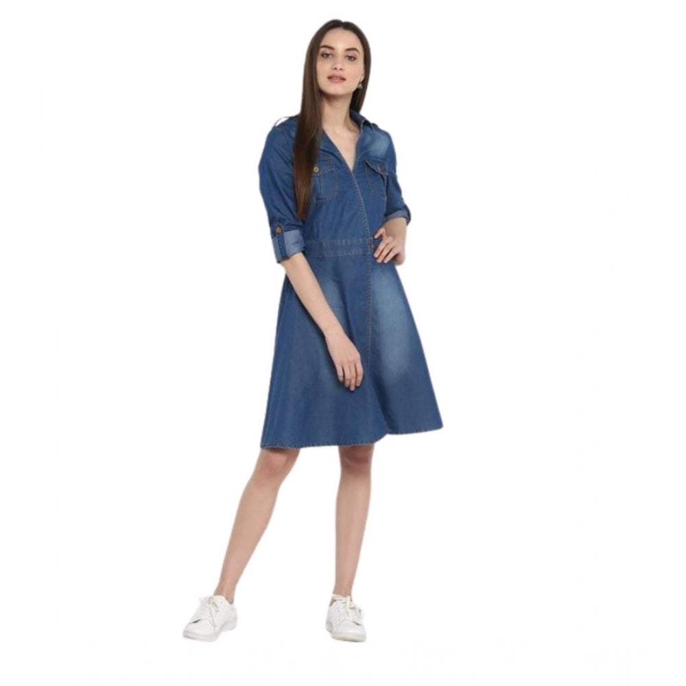 Vaystra Denim Solid Roll Up Sleeve Dress – Blue