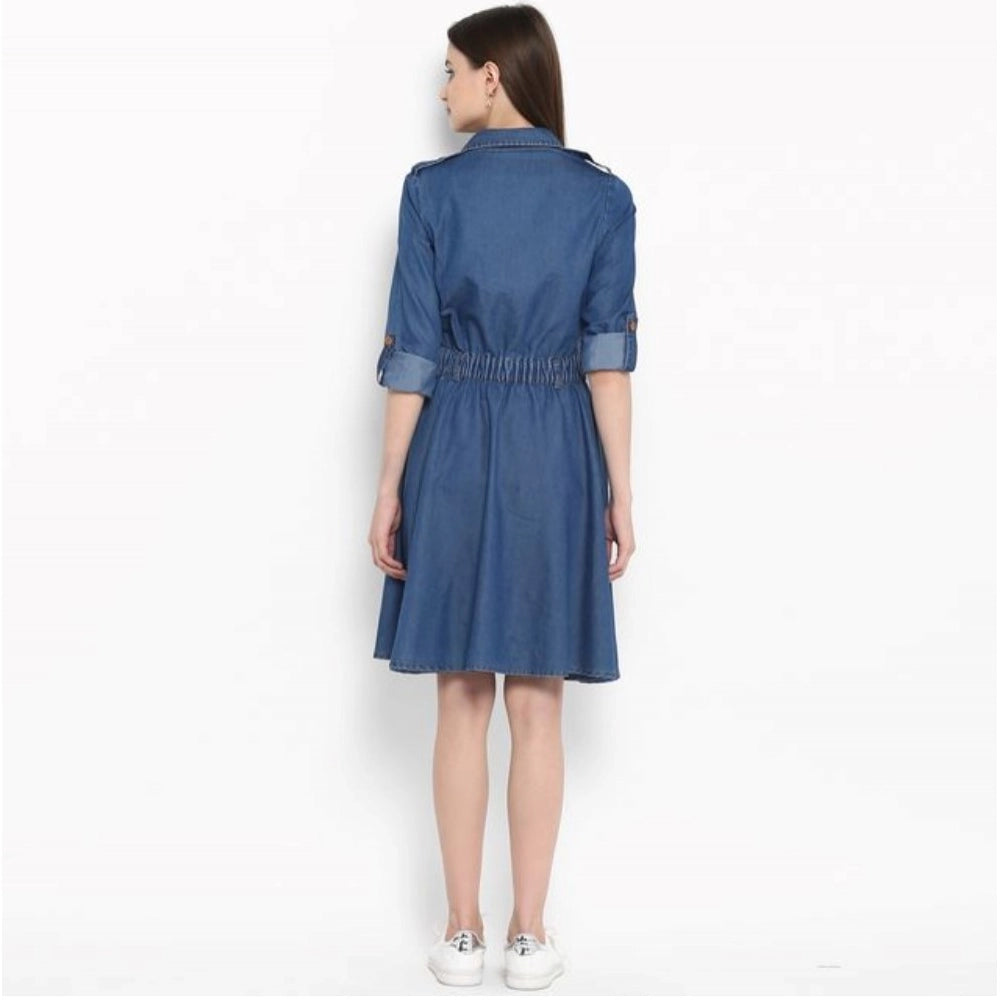 Vaystra Denim Solid Roll Up Sleeve Dress – Blue