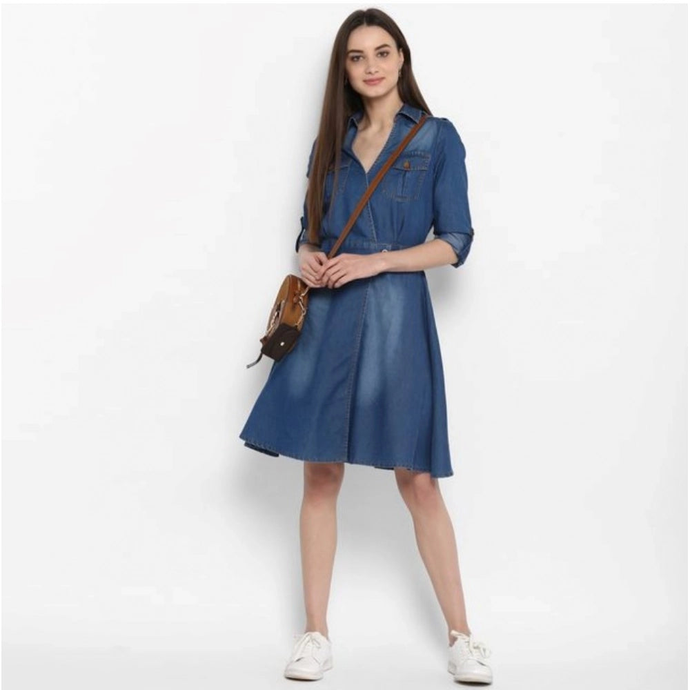 Vaystra Denim Solid Roll Up Sleeve Dress – Blue