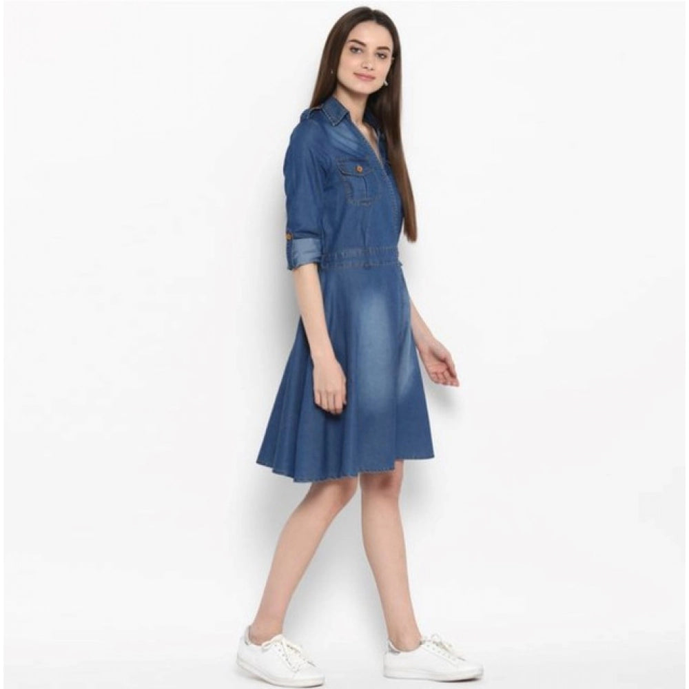 Vaystra Denim Solid Roll Up Sleeve Dress – Blue