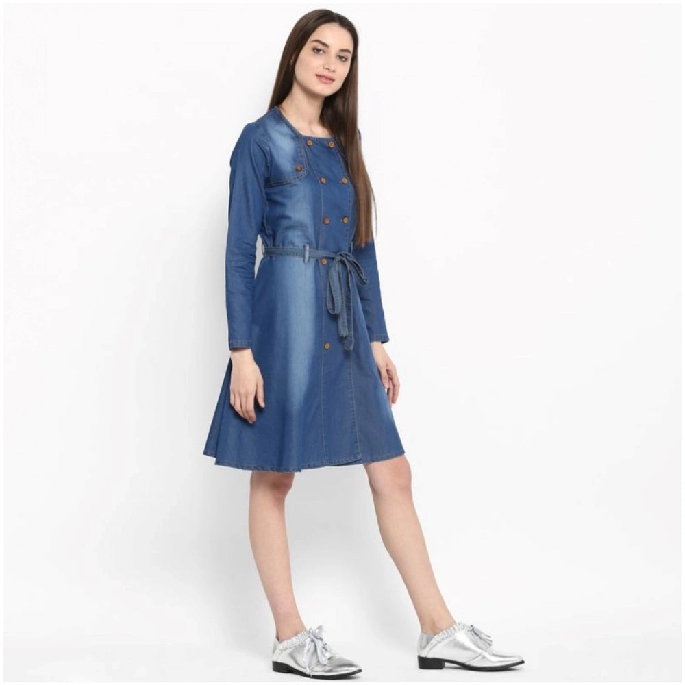 Vaystra Denim Washed Regular Sleeves Dress – Blue