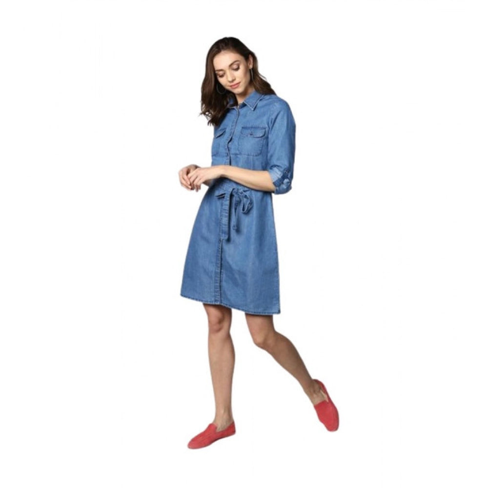 Vaystra Denim Solid Roll Up Sleeve Dress – Blue
