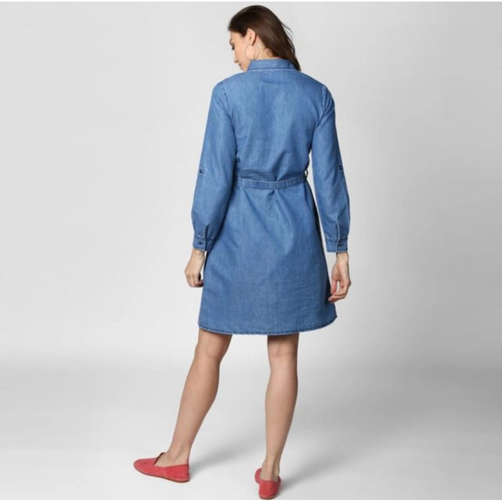 Vaystra Denim Solid Roll Up Sleeve Dress – Blue
