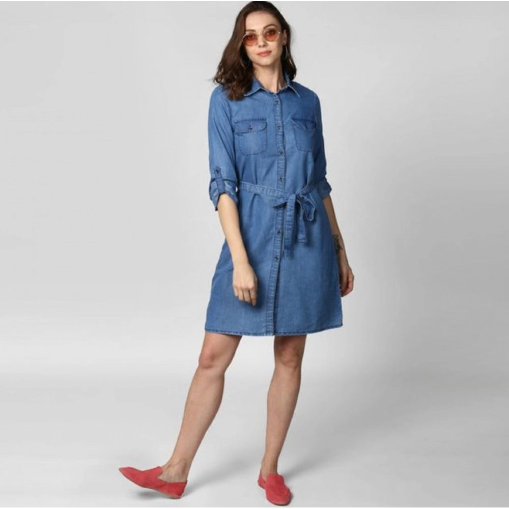 Vaystra Denim Solid Roll Up Sleeve Dress – Blue