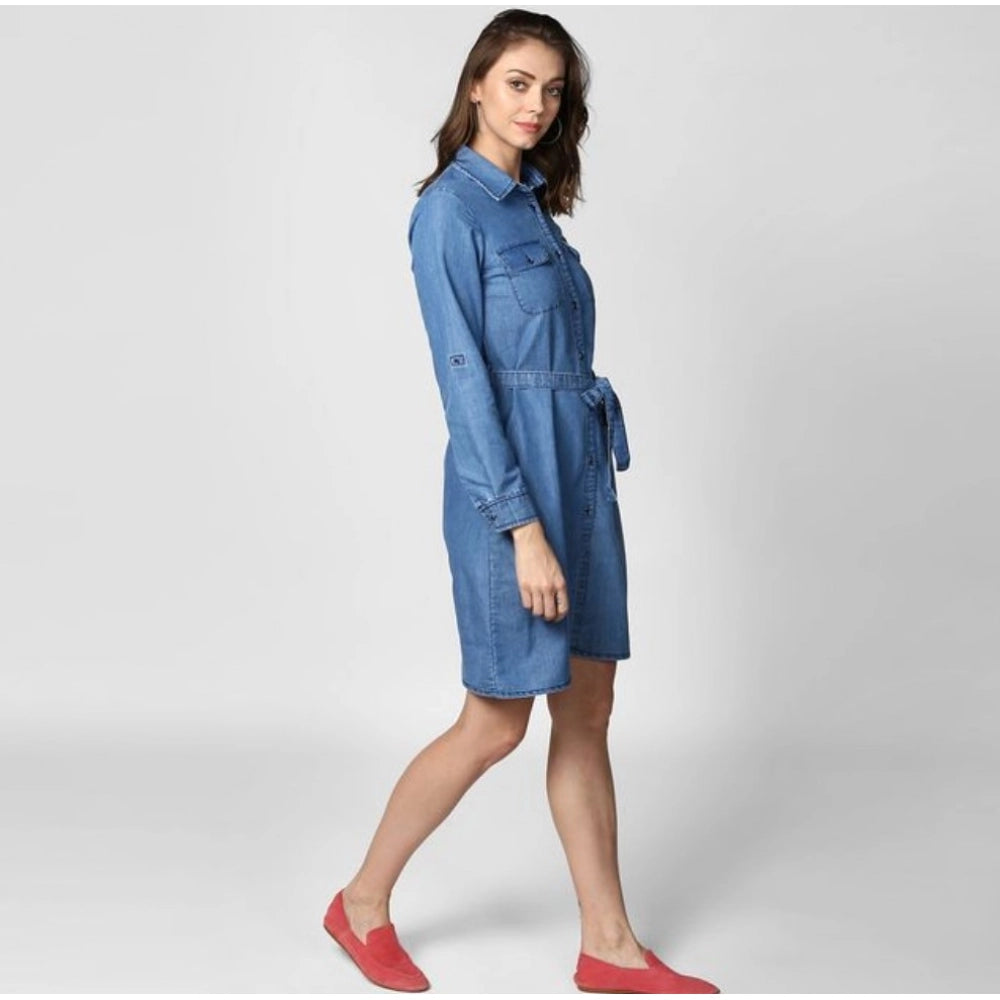 Vaystra Denim Solid Roll Up Sleeve Dress – Blue