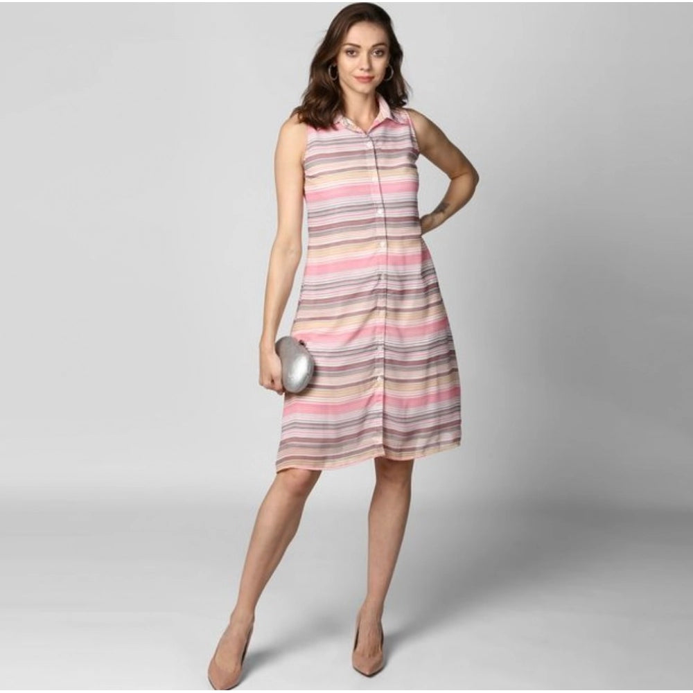 Vaystra Polyester Striped Sleeveless Dress – Pink