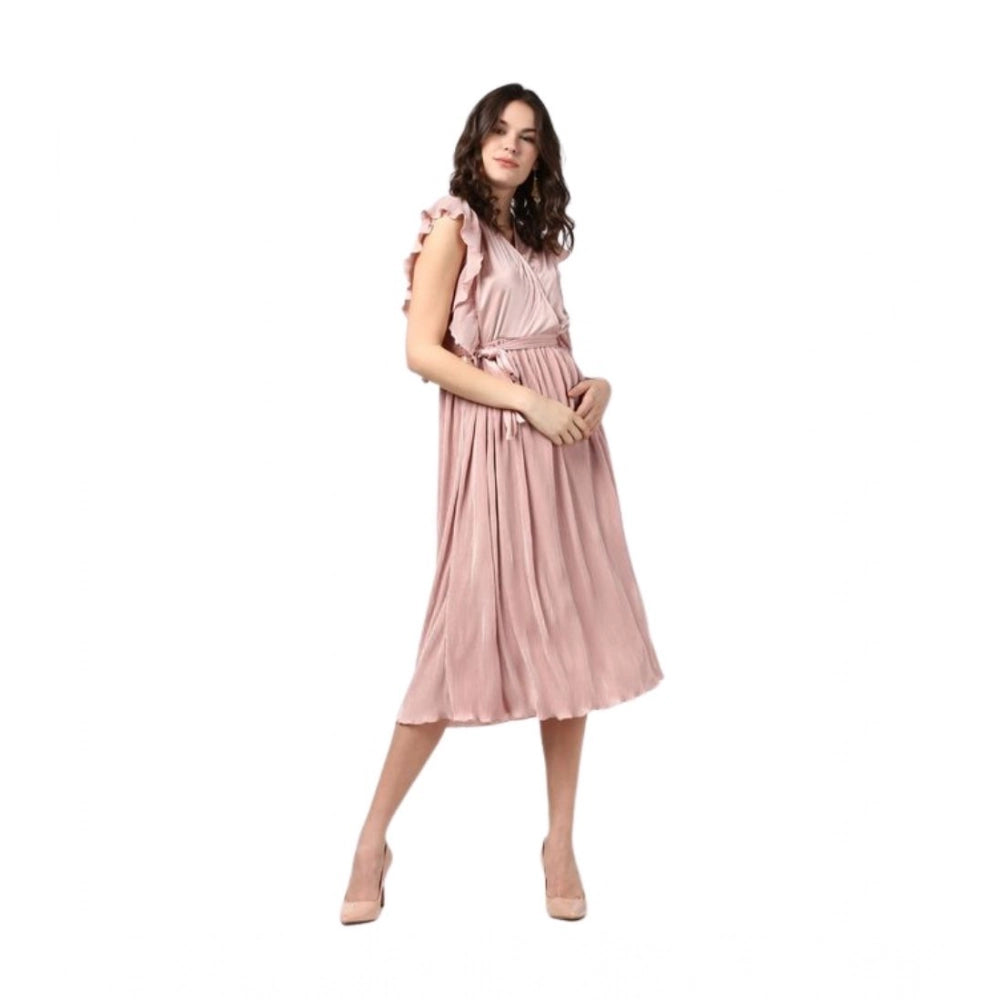 Vaystra Polyester Pleated Flutter Dress – Champagne Gold