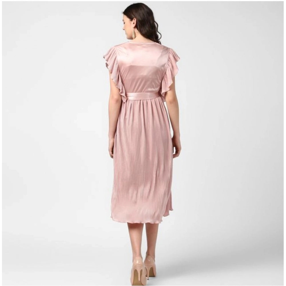 Vaystra Polyester Pleated Flutter Dress – Champagne Gold
