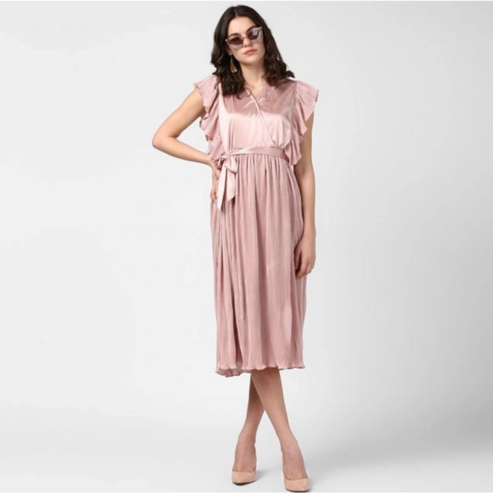 Vaystra Polyester Pleated Flutter Dress – Champagne Gold