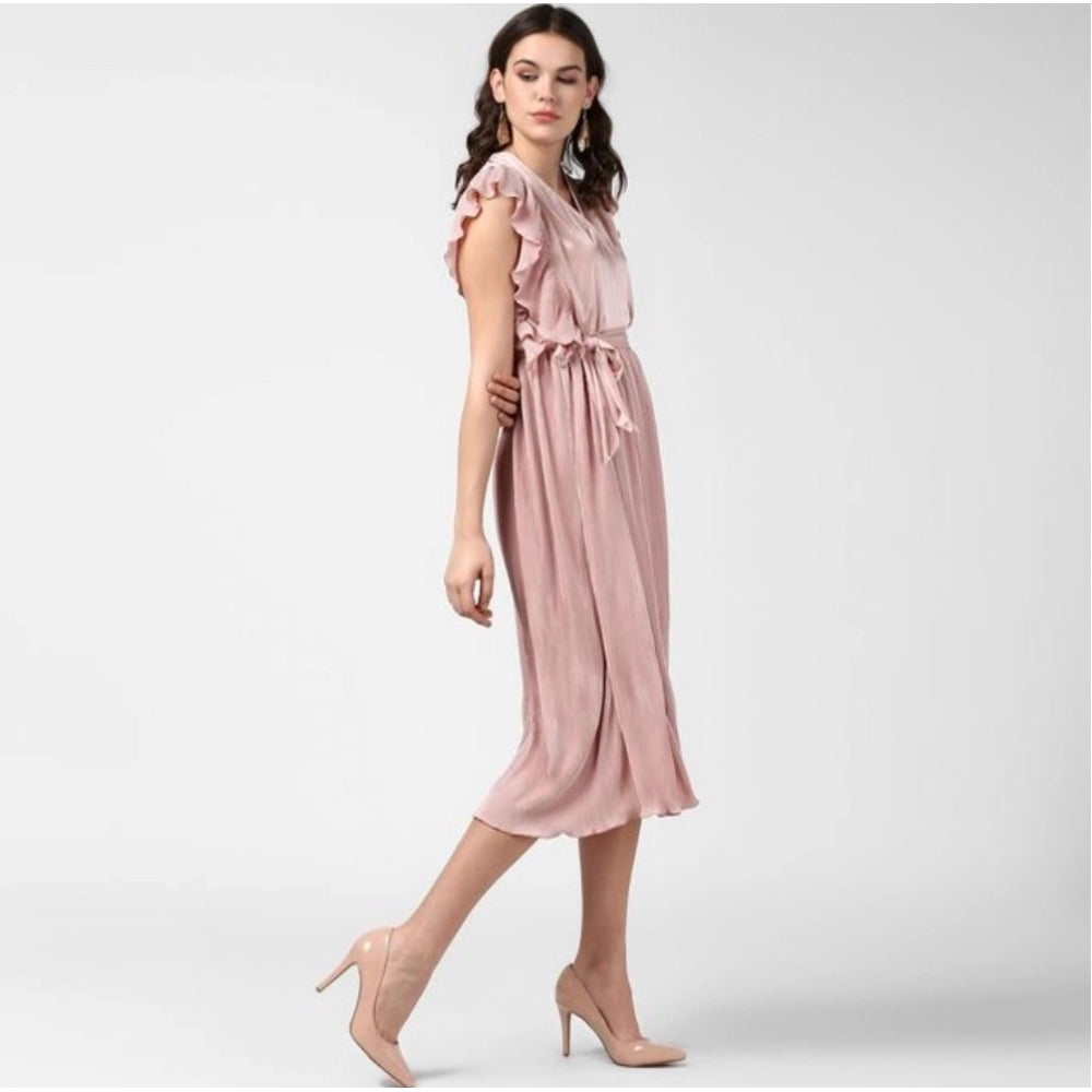 Vaystra Polyester Pleated Flutter Dress – Champagne Gold