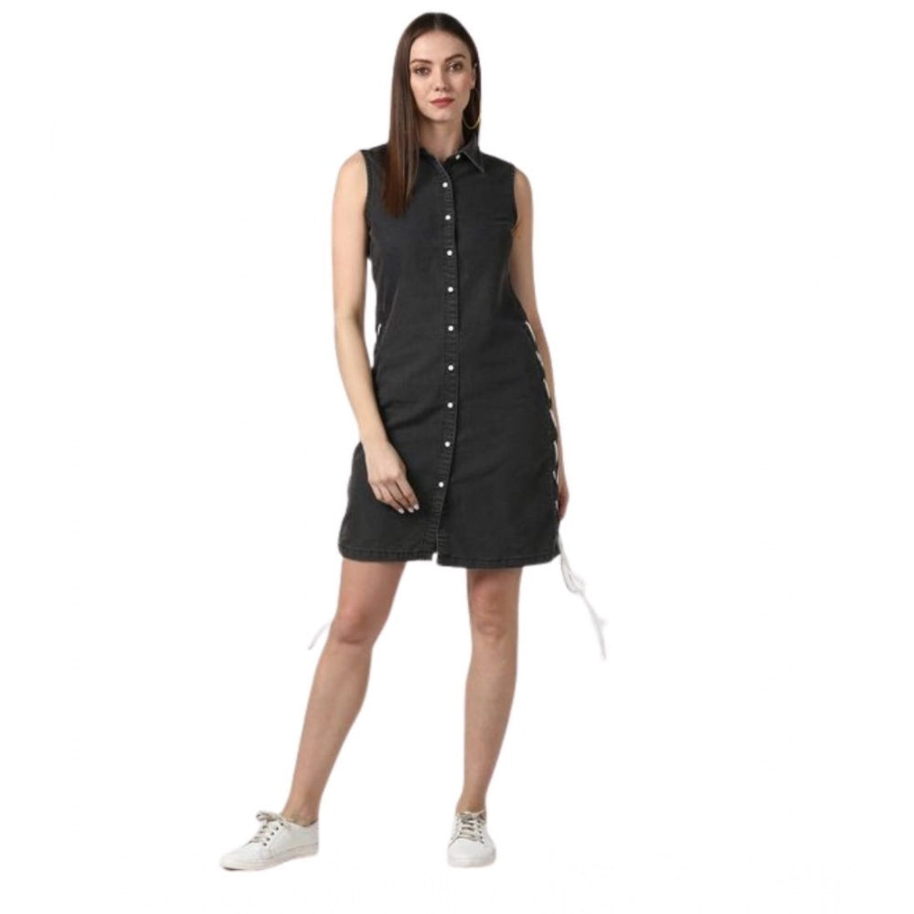 Vaystra Denim Solid Sleeveless Dress – Black