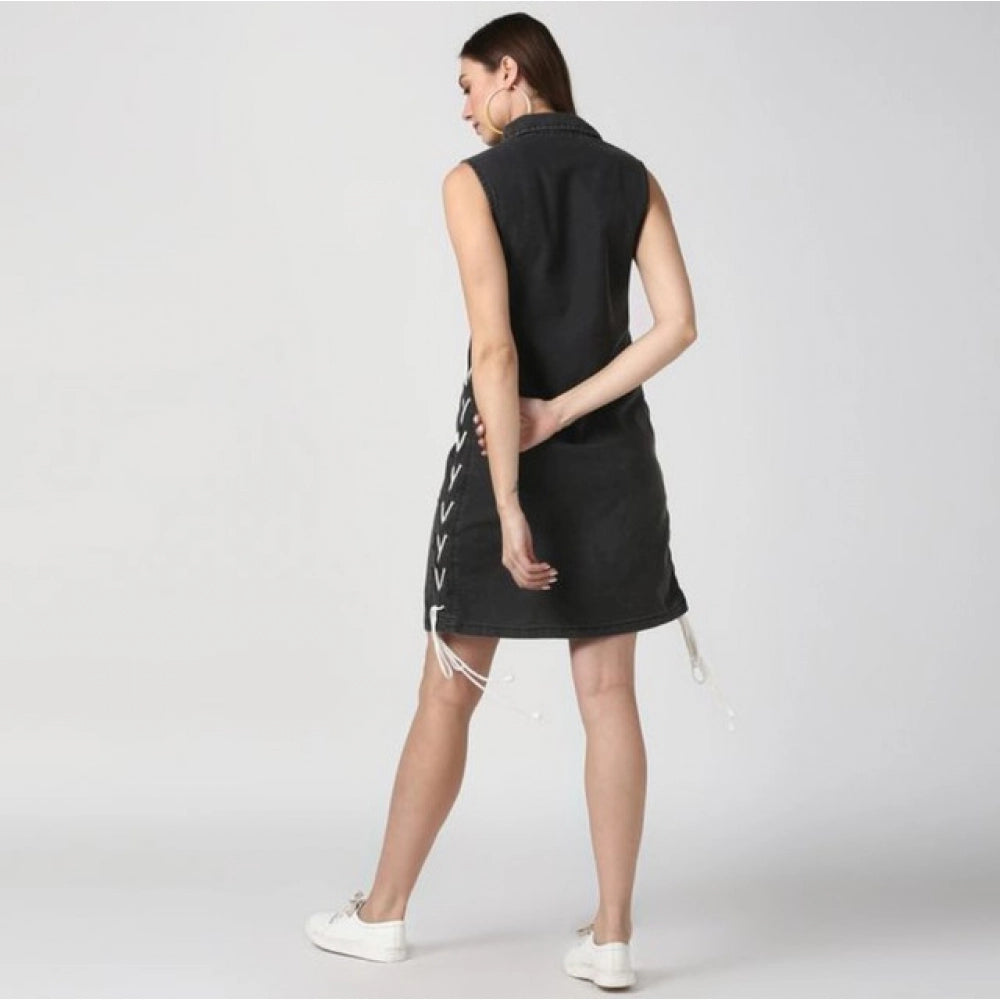 Vaystra Denim Solid Sleeveless Dress – Black