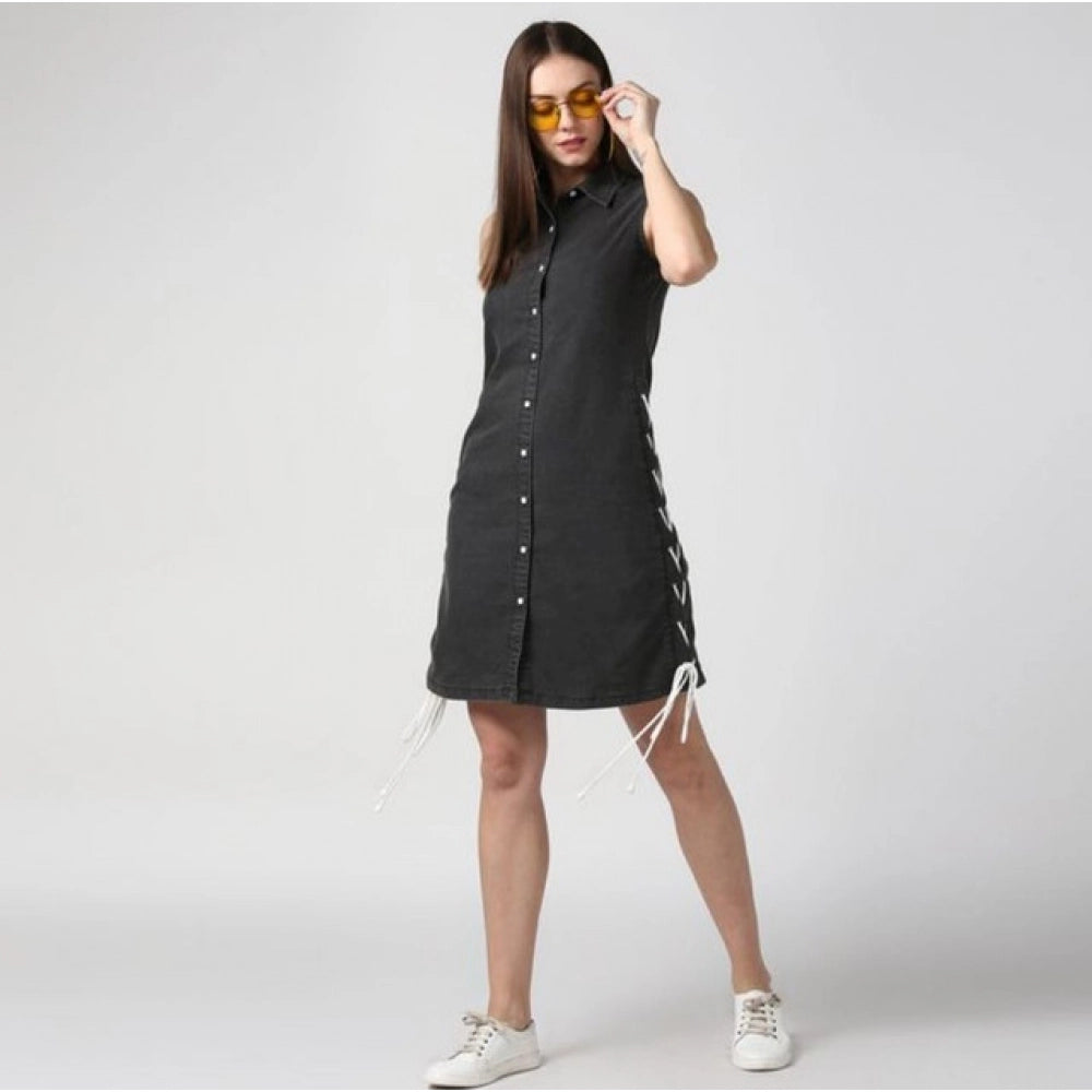 Vaystra Denim Solid Sleeveless Dress – Black