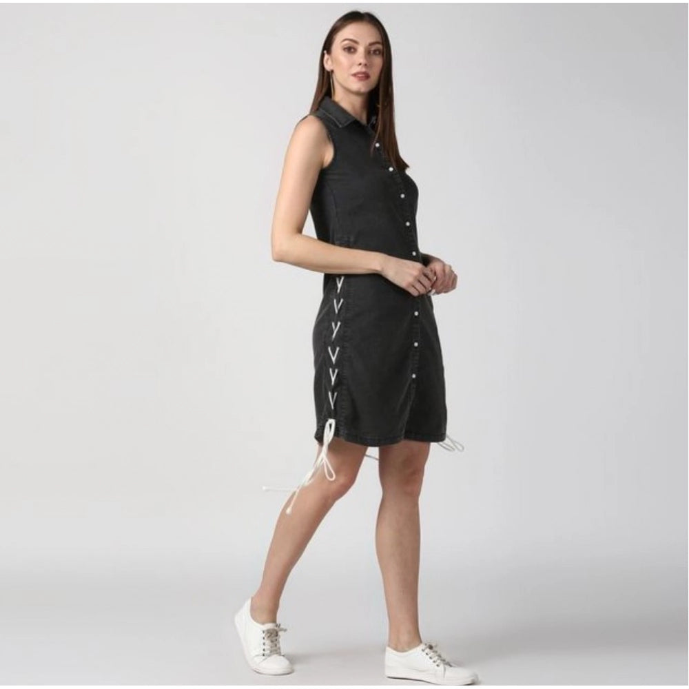 Vaystra Denim Solid Sleeveless Dress – Black