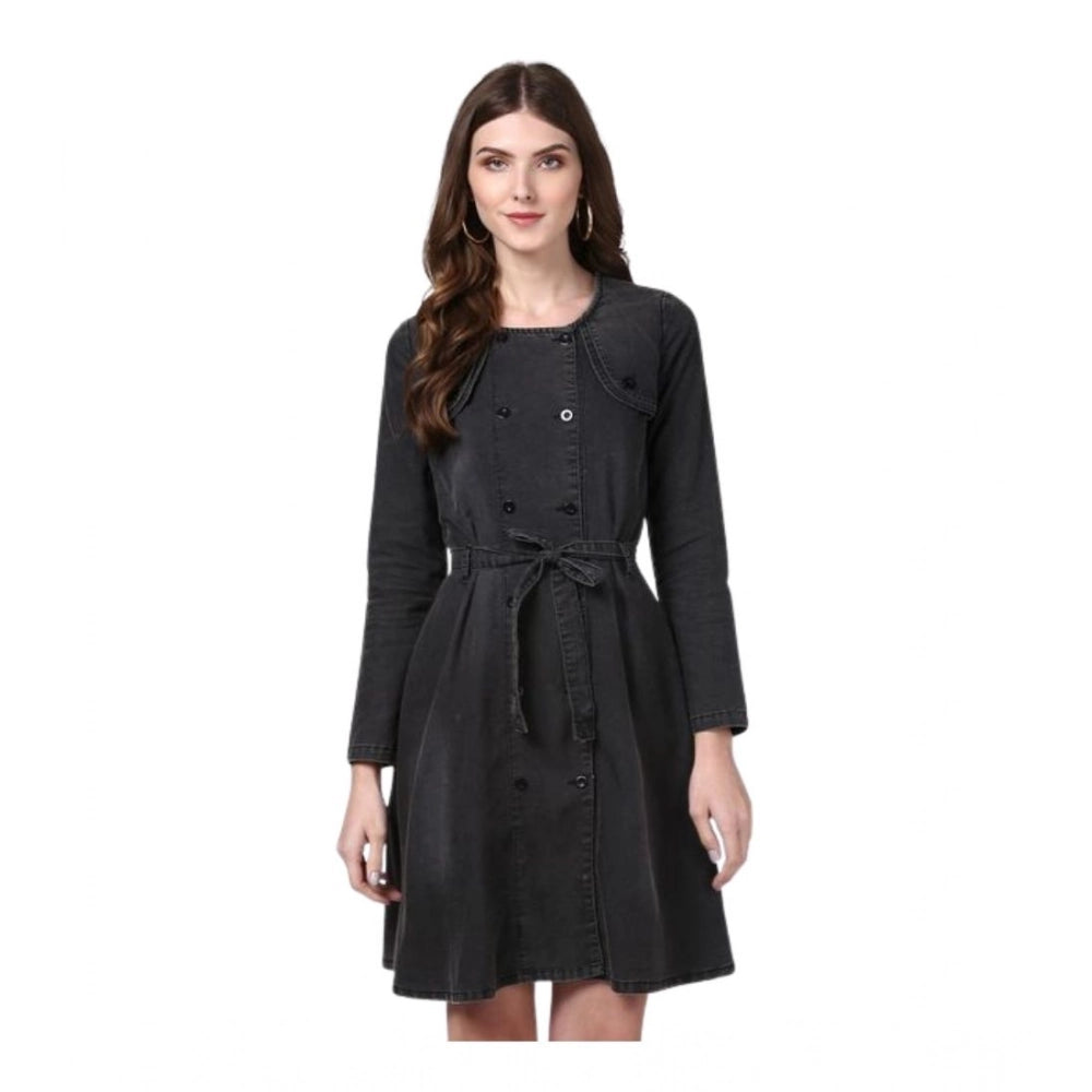 Vaystra Denim Washed Long Sleeves Dress – Black