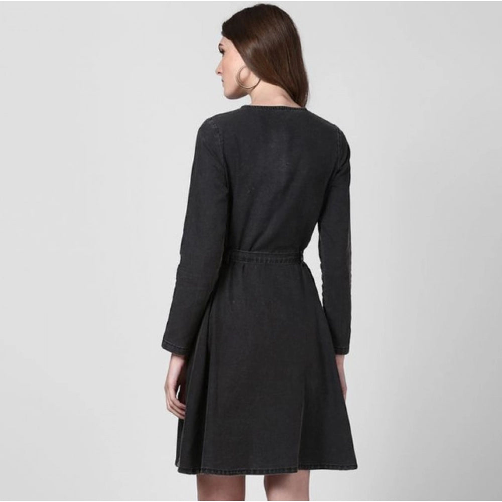 Vaystra Denim Washed Long Sleeves Dress – Black