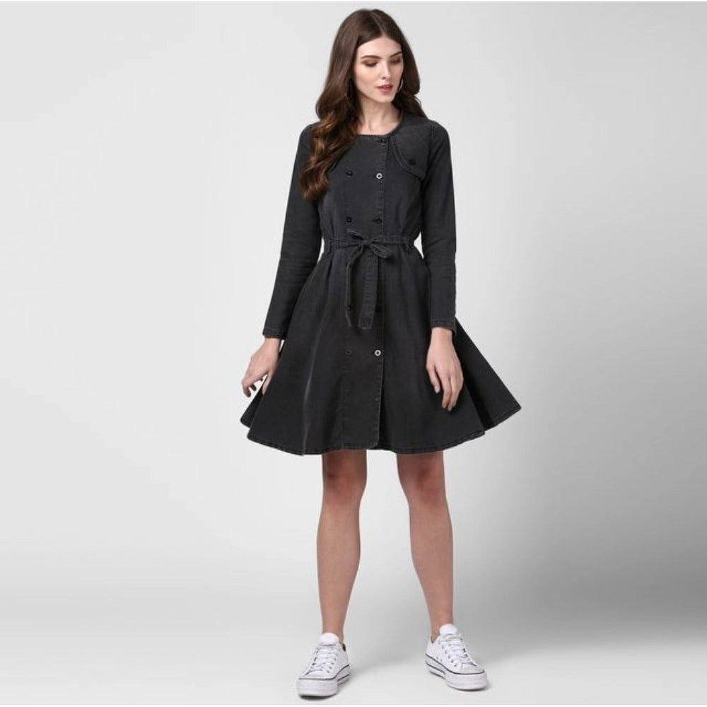 Vaystra Denim Washed Long Sleeves Dress – Black