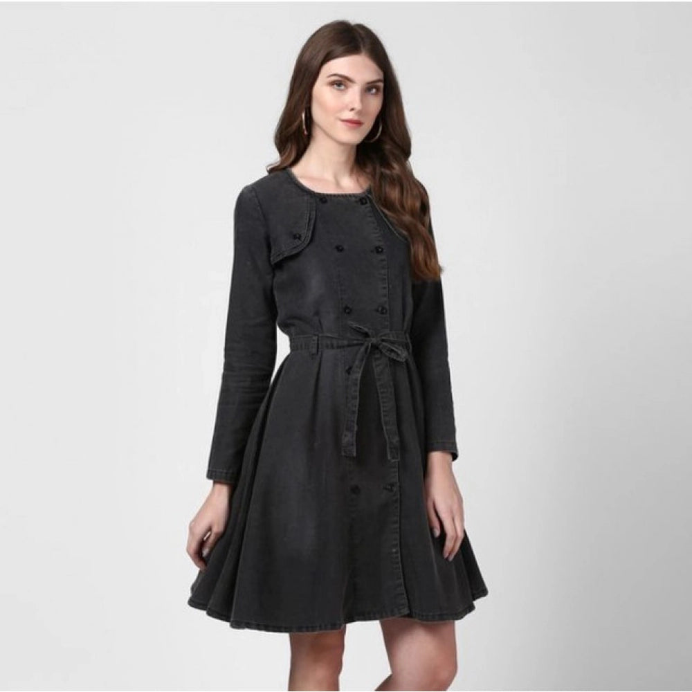 Vaystra Denim Washed Long Sleeves Dress – Black