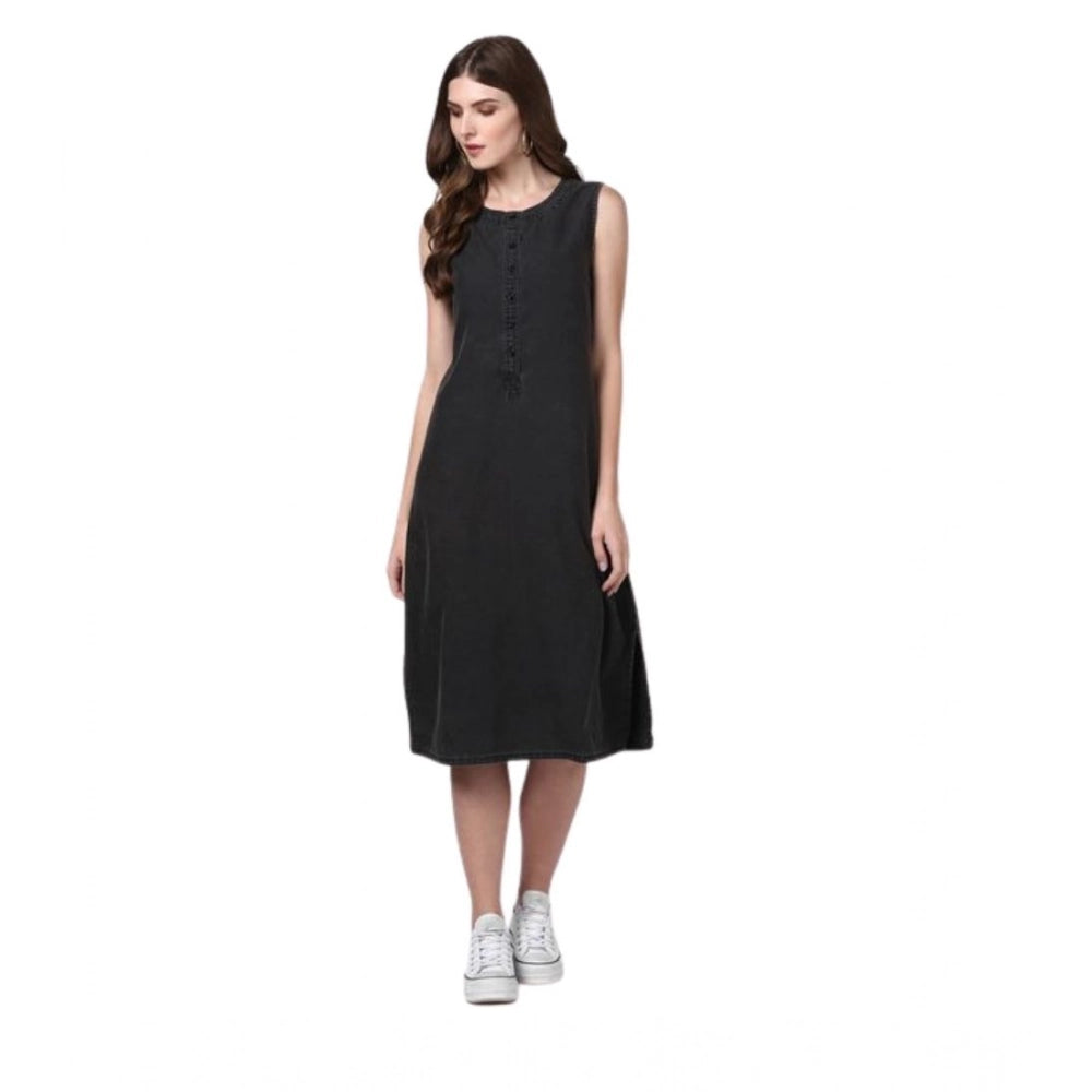Vaystra Denim Solid Sleeveless Dress – Black
