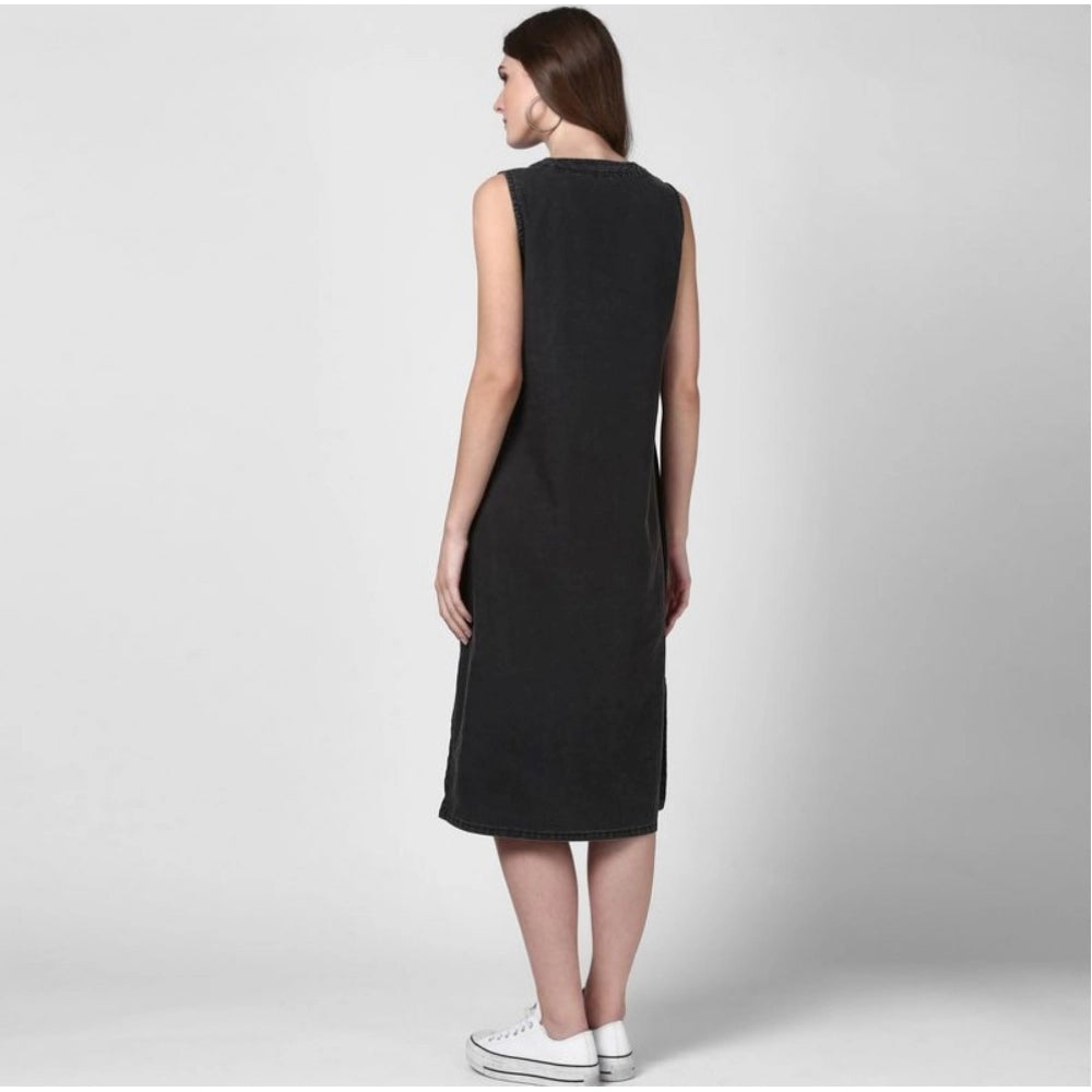 Vaystra Denim Solid Sleeveless Dress – Black