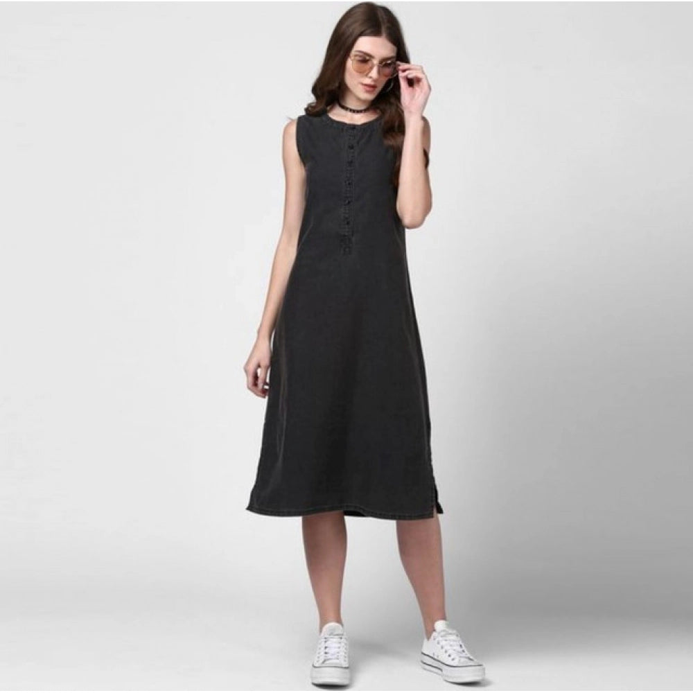 Vaystra Denim Solid Sleeveless Dress – Black