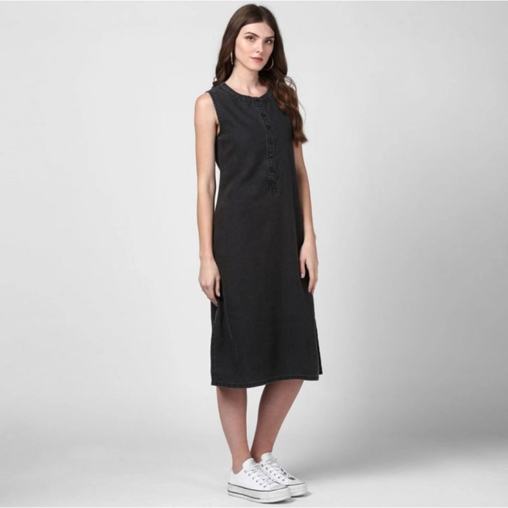 Vaystra Denim Solid Sleeveless Dress – Black
