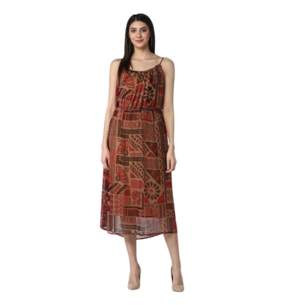 Vaystra Polyester Printed Shoulder Straps Dress – Maroon-Brown