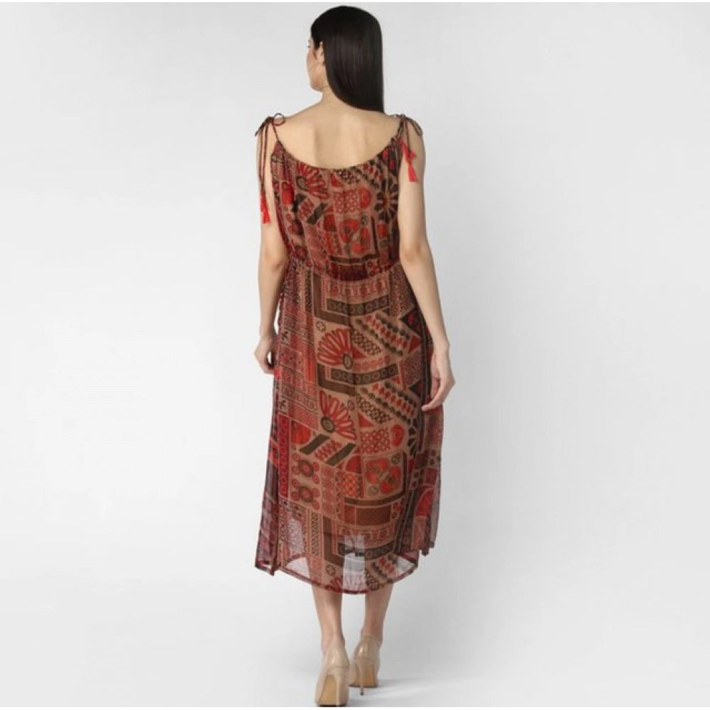 Vaystra Polyester Printed Shoulder Straps Dress – Maroon-Brown