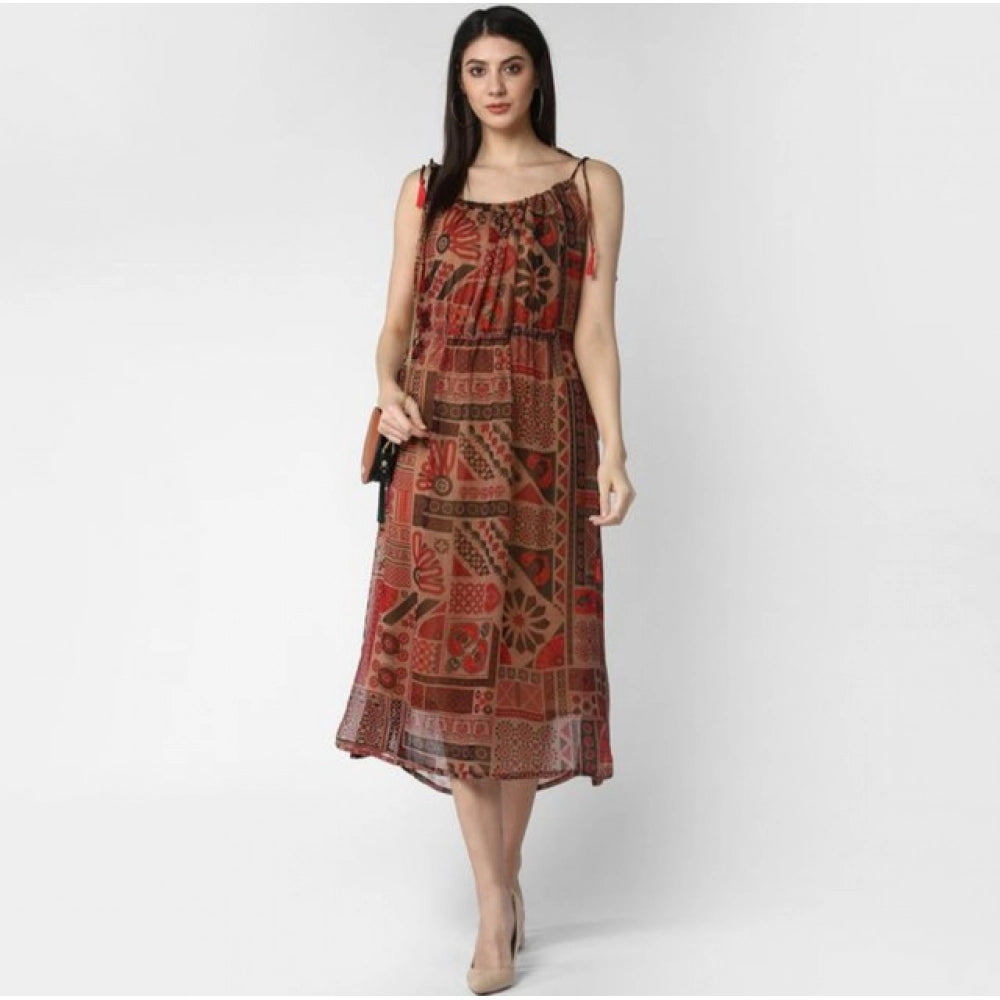 Vaystra Polyester Printed Shoulder Straps Dress – Maroon-Brown