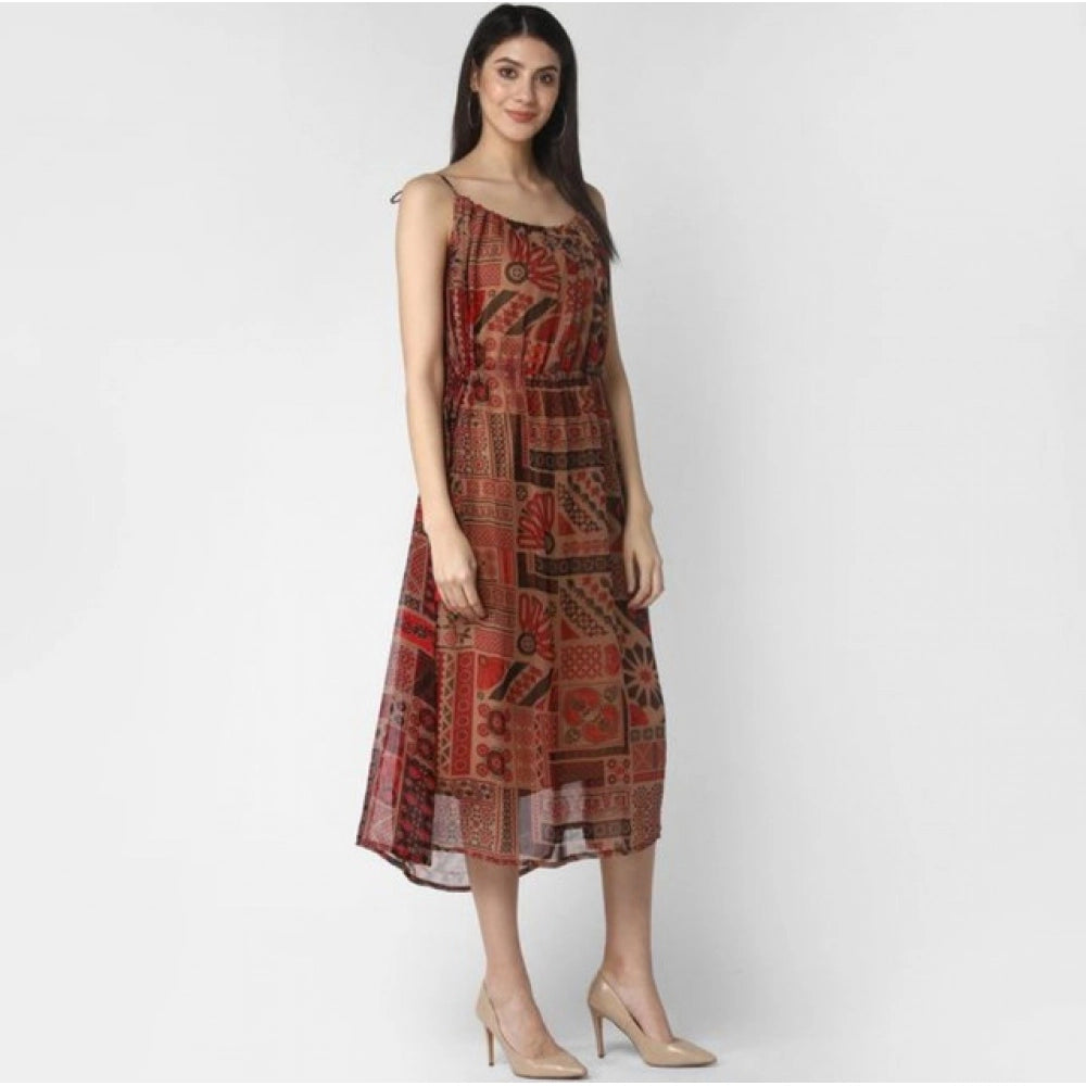 Vaystra Polyester Printed Shoulder Straps Dress – Maroon-Brown