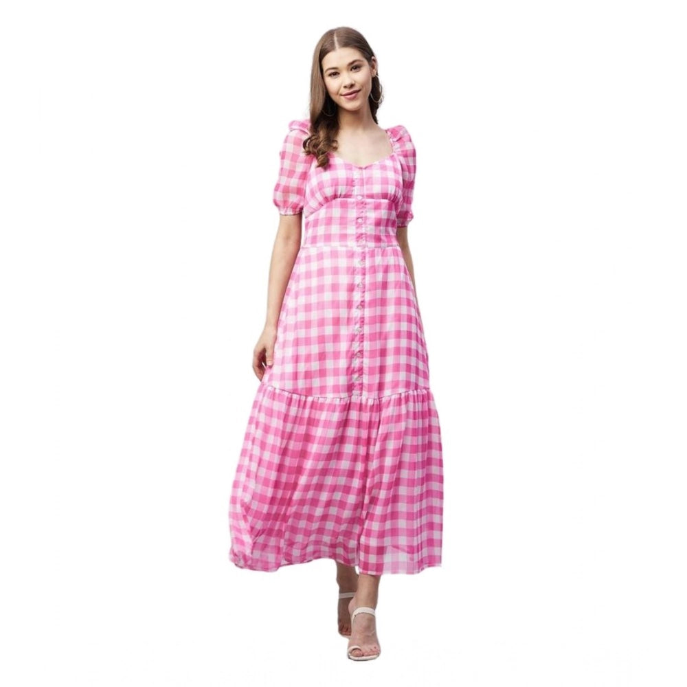 Vaystra Polyester Georgette Checkered Half Sleeve Dress – Pink