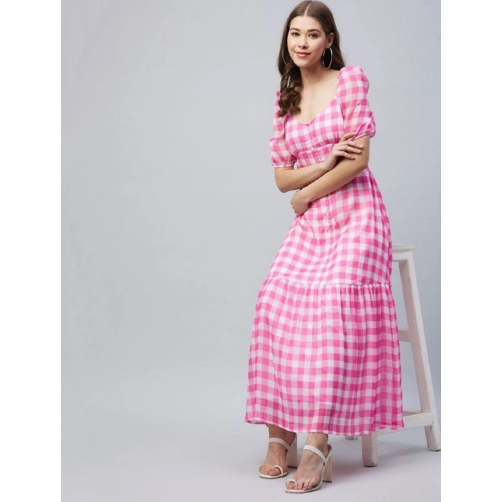 Vaystra Polyester Georgette Checkered Half Sleeve Dress – Pink