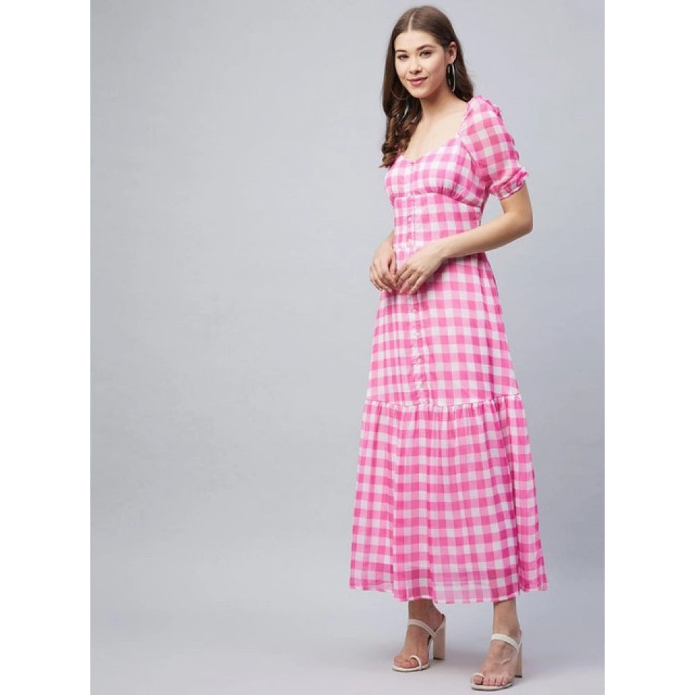Vaystra Polyester Georgette Checkered Half Sleeve Dress – Pink