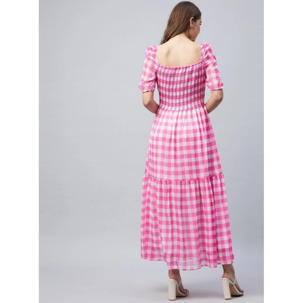 Vaystra Polyester Georgette Checkered Half Sleeve Dress – Pink