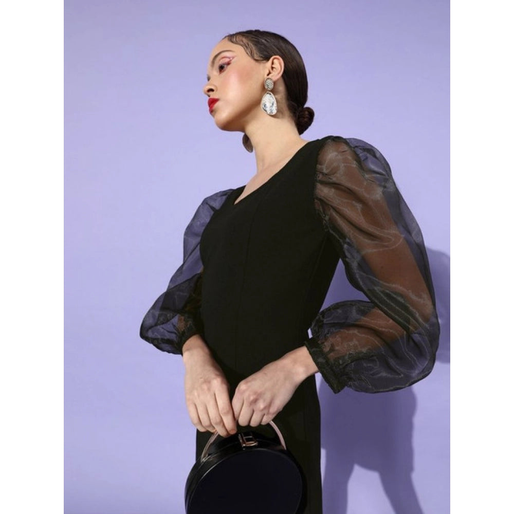 Vaystra Organza And Polyester Lycra Solid Long Sleeves Dress – Black