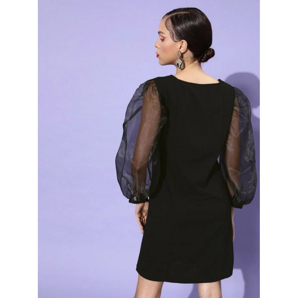 Vaystra Organza And Polyester Lycra Solid Long Sleeves Dress – Black