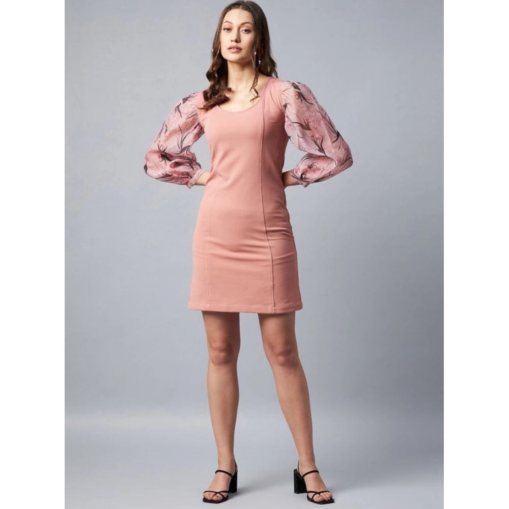 Vaystra Polyester Lycra And Organza Floral Balloon Sleeve Dress – Pink