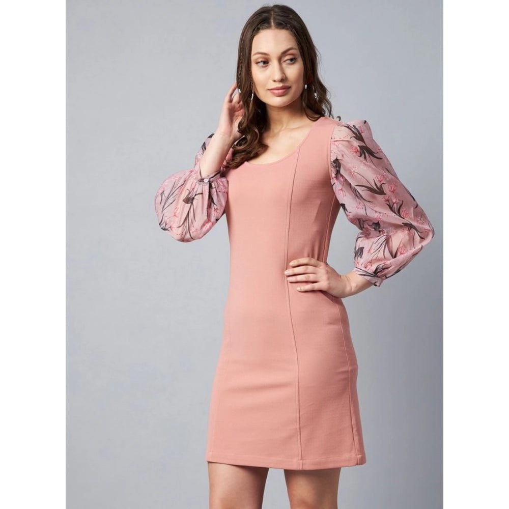 Vaystra Polyester Lycra And Organza Floral Balloon Sleeve Dress – Pink