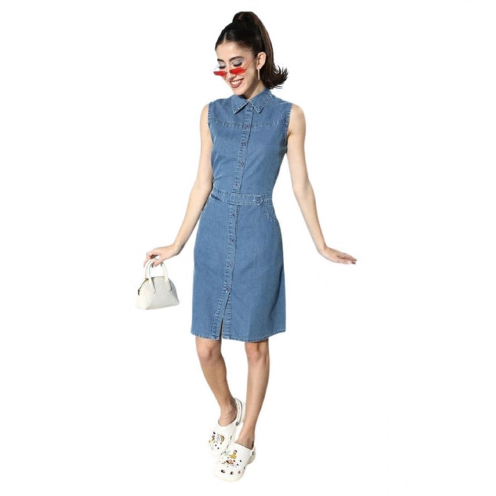 Vaystra Denim Solid Sleeveless Dress – Blue