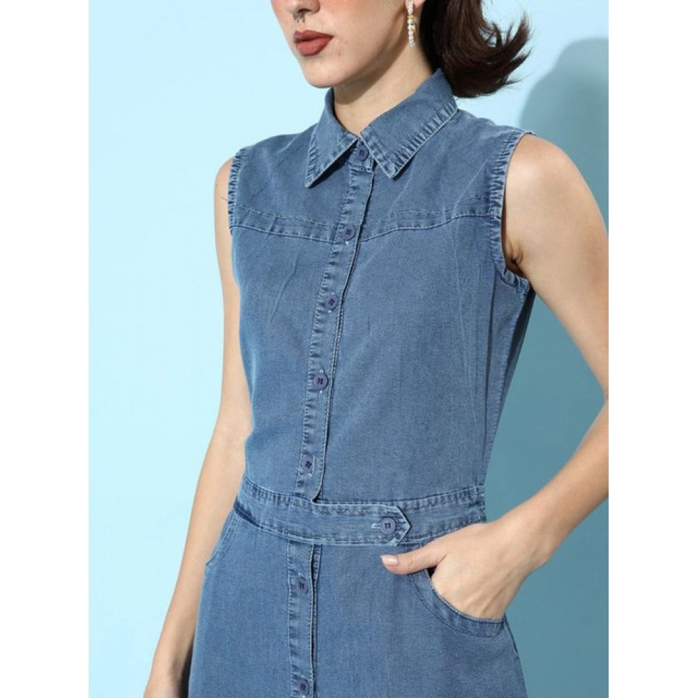 Vaystra Denim Solid Sleeveless Dress – Blue