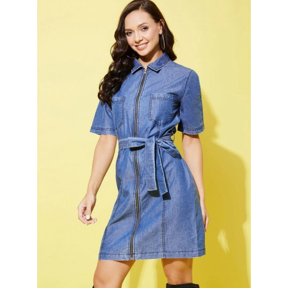 Vaystra Denim Solid Half Sleeve Dress – Blue