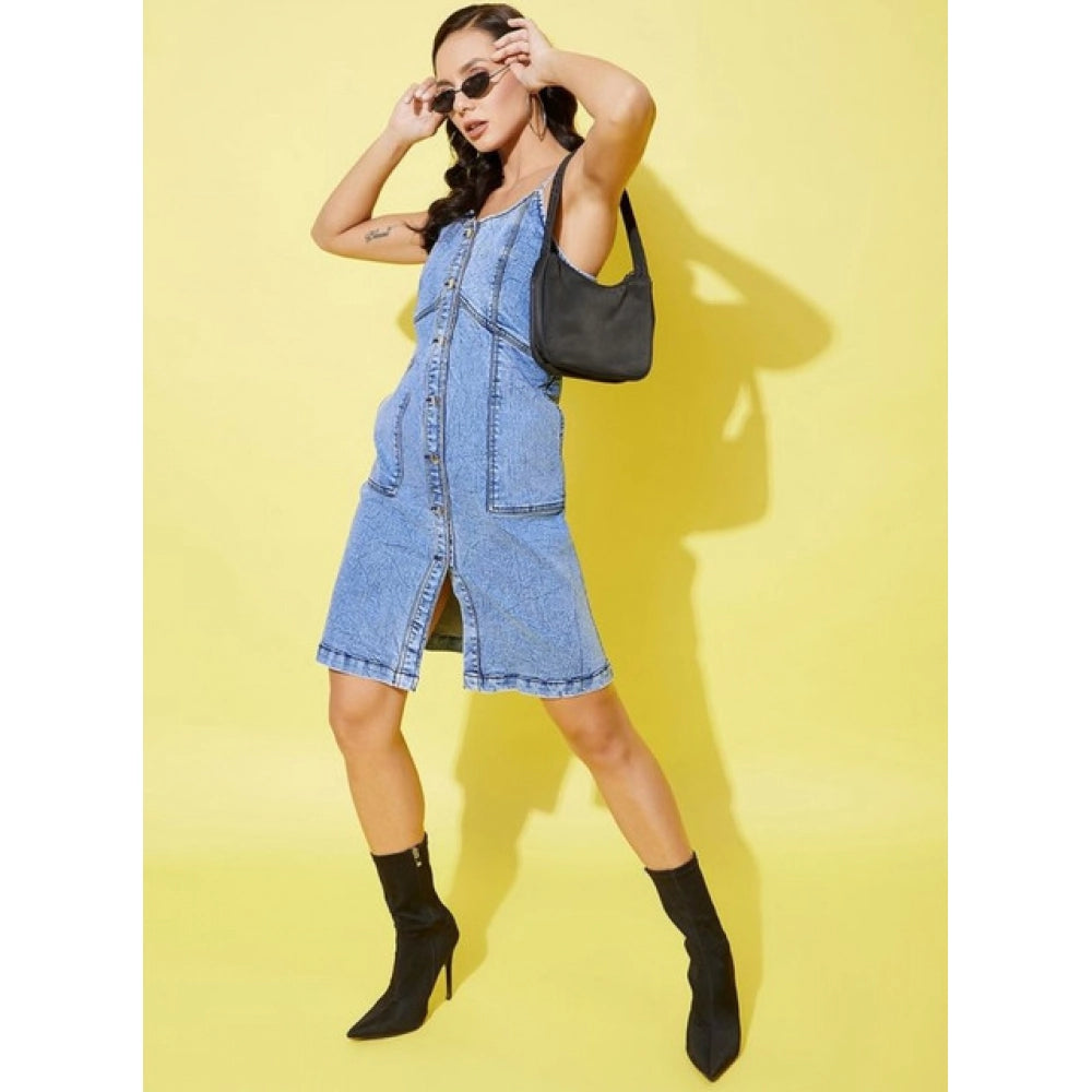 Vaystra Denim Solid Sleeveless Dress – Blue