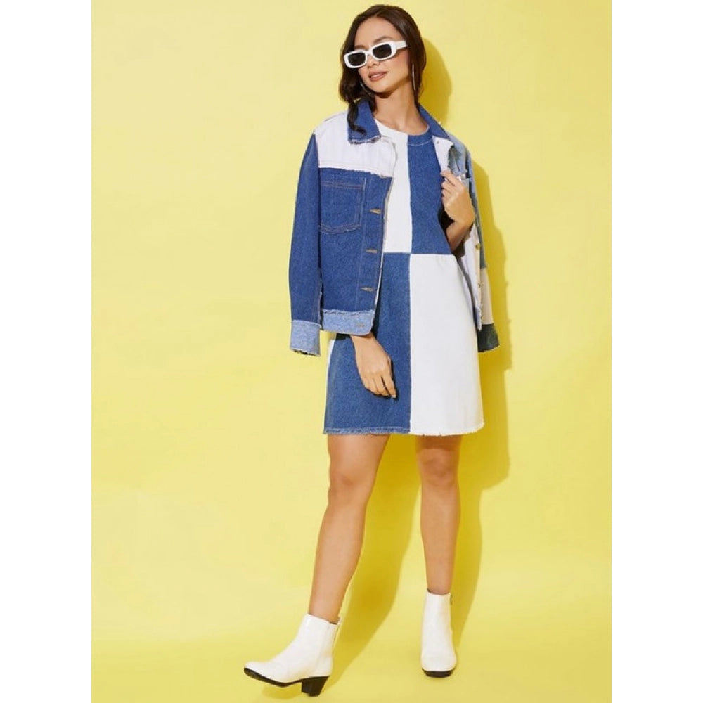 Vaystra Denim Color Blocking Sleeveless Dress – Blue