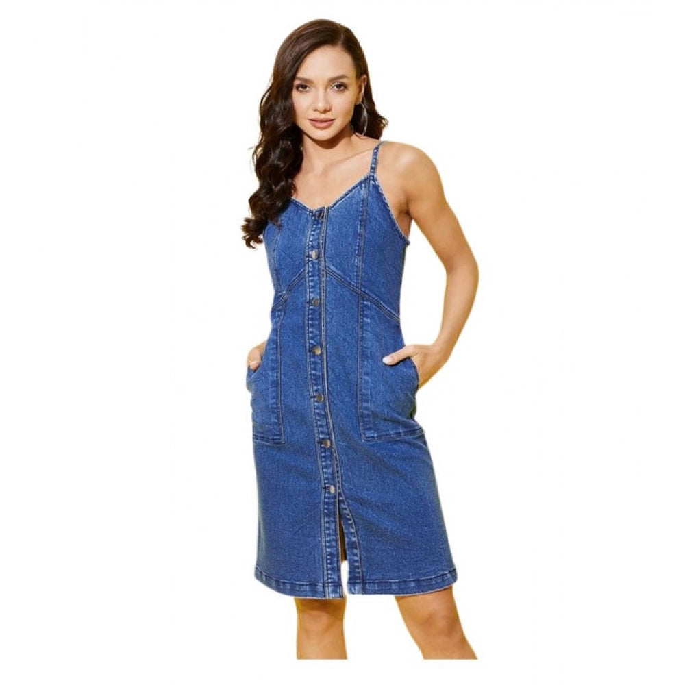 Vaystra Denim Washed Shoulder Straps Dress – Blue