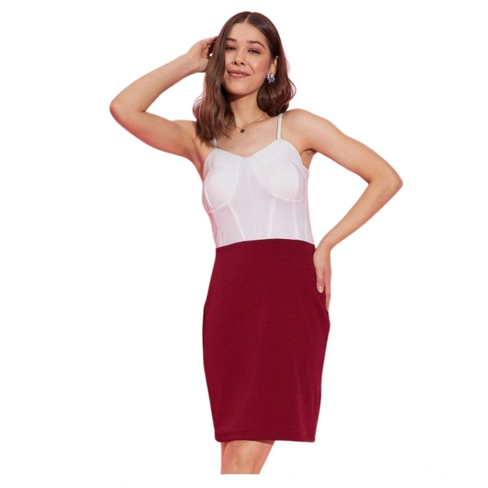 Vaystra Polyester Lycra Color Blocking Shoulder Straps Dress – White-Maroon