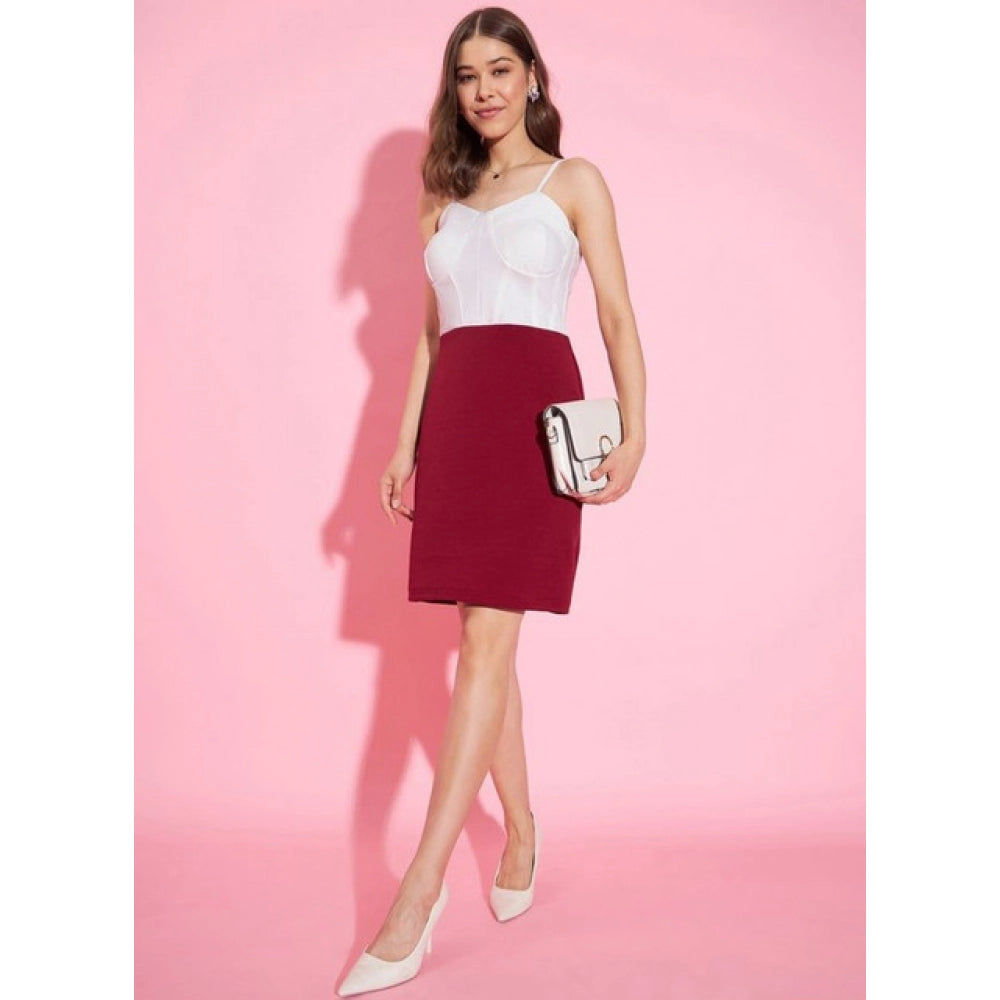 Vaystra Polyester Lycra Color Blocking Shoulder Straps Dress – White-Maroon