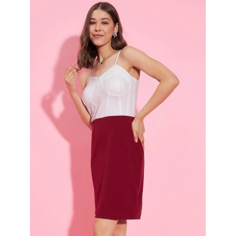 Vaystra Polyester Lycra Color Blocking Shoulder Straps Dress – White-Maroon
